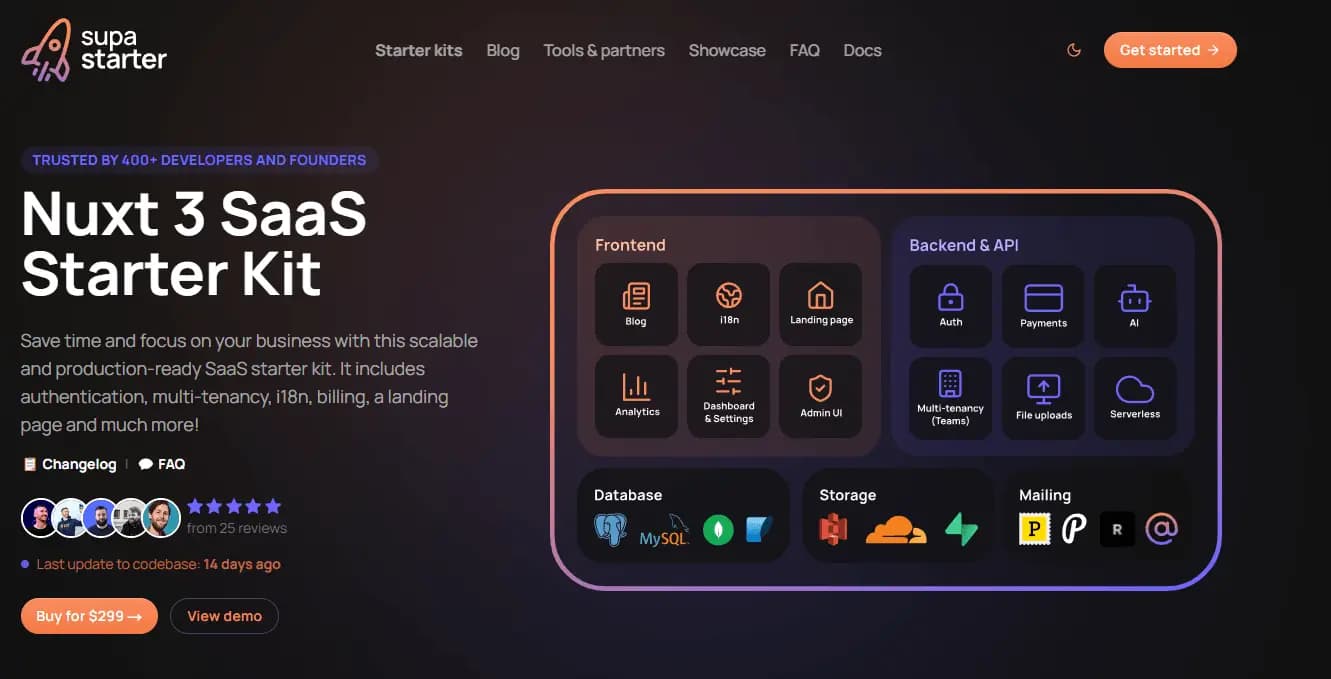 Supastarter, a production-ready SaaS starter kit built with Nuxt 3.
