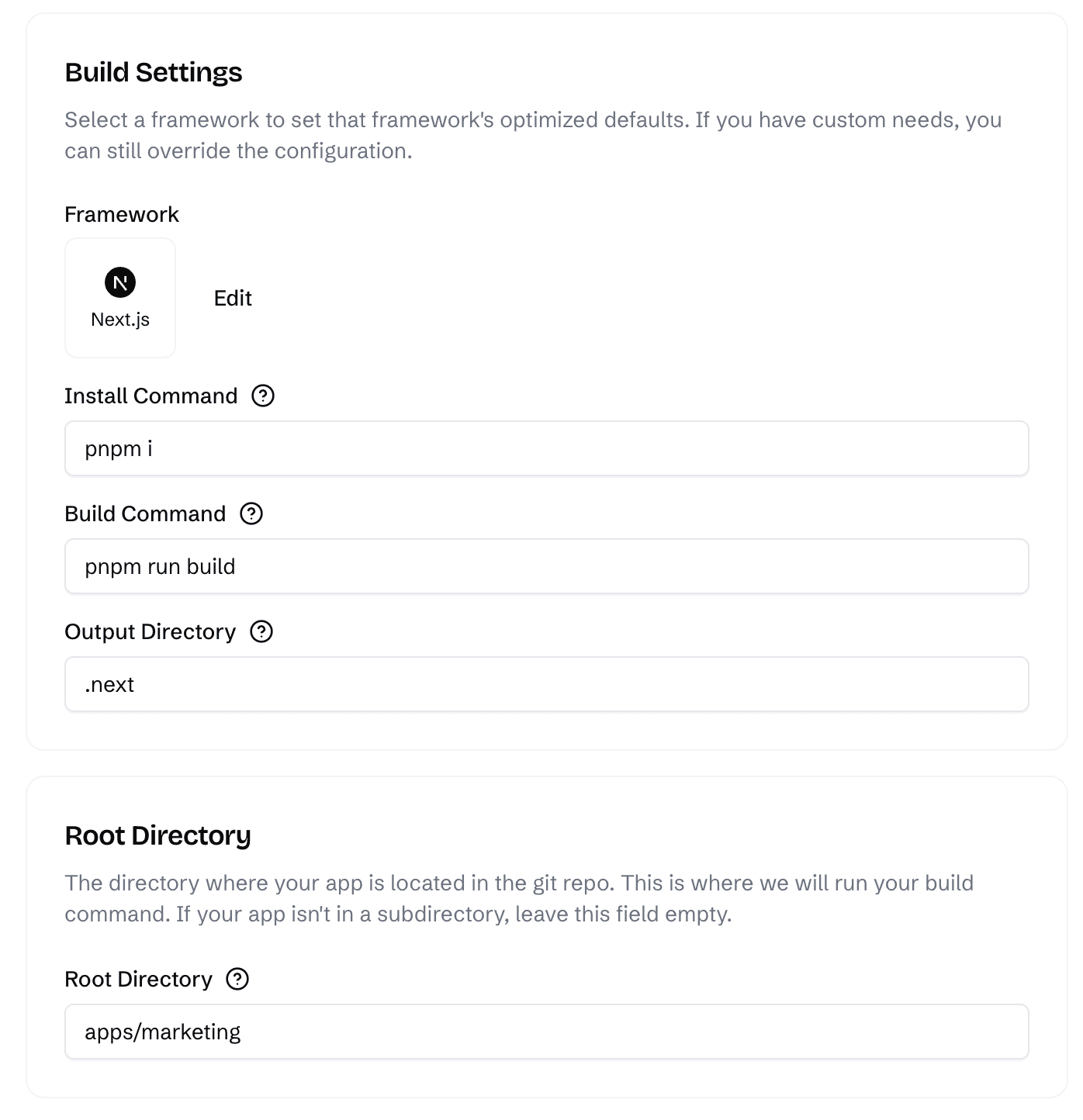 Sherpa build settings for marketing site